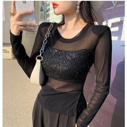 Women's T Shirts 2023 Autumn Mesh Sequin Splice Long Sleeve Slim Fit Top Perspective O-Neck T-shirt For Women