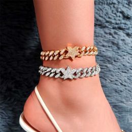 Iced Out Shine Rhinestone Paved Star Cuban Anklets for Women TOP Hop Bling Luxury Miami Link Chain Anklet Leg Foot Jewelry 230719