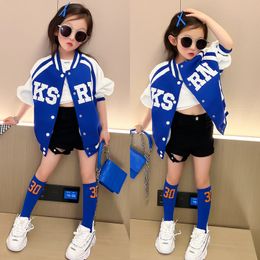 Jackets Spring Autumn Girls Coat Baby Jacket Toddler Coat Kids Clothes Teenage Baseball Outfit Contrast Colour Letter Patch 5-14Y 230817