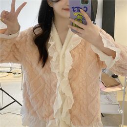 Women's Sleepwear Lace Patchwork Coral Fleece Autumn Winter Pyjamas Set Women V-Neck Single Breasted Shirts Elastic Waist Long Pants