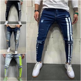 Men Skinny Denim Biker Jeans Side Striped Mens Ripped Pants Destroyed Hole Scratched Zipper Slim Fit Jean Trousers282e