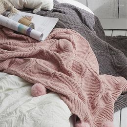 Blankets Classic Knitted Air-conditioning Blanket Thick Wool Solid Colour Woven Fringed Ball Tassel Home Office Nap