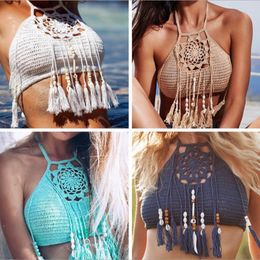 Women's Swimwear Hand Made Sexy Tassel Bikini Tops Boho Beach Crochet Fringe Bras Halter Sport Yoga Camisole Tanks Swimsuit