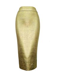 Skirts Women Sexy Gold Silver Bandage High Street Celebrity Knitted Designer Bodycon Midi Pencil 78cm 230818