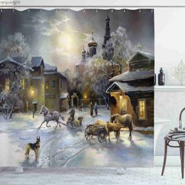 Shower Curtains Window Landscape Shower Curtain Winter Season In A Rural Town Cottages Snowy Weather Scenic View Waterproof Bathroom Curtain Set R230821