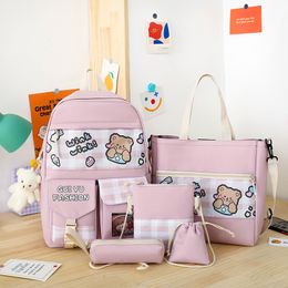 School Bags 5 in 1 Piece Set Kawaii Women Backpacks Waterproof Canvas Schoolbag For Girl Fashion Junior High Students Bookbags50 230821