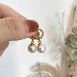 Hoop Earrings Minimalist Waterproof Simple Fashion Dainty Women 18K Gold Plated Stainless Steel Pearl Dangle