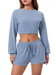 Women's Sleepwear Womens 2 Piece Shorts Set Cropped Pullover Sweatshirt With 2Pcs Sweatsuits Sets Pocket Streetwear