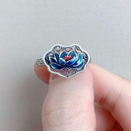 Cluster Rings 925 Sterling Silver Vintage Blue Lotus Ring Filigree Craft Chinese Style Flower Adjustable Opening Jewellery For Women JZ121