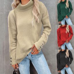 Women's Sweaters European And American Autumn Winter Striped High Neck Cuff Button Knitted Shirt Solid Casual Loose Size Sweater