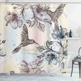 Shower Curtains Spring Flower Shower Curtain Watercolour Garden of Blossoming WildflowersBirds with Leaves Branches Fabric Bathroom Screens Set R230821