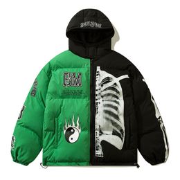 Men's Jackets Men Hip Hop Parka Yin Yang Skeleton Print Winter Jackets Mens Parkas Hooded Padded Jacket Coat Harajuku Outwear Y2K 230821