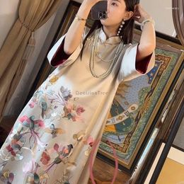 Ethnic Clothing 2023 Chinese Style Women's Satin Flower Printed Cheongsam Dress Improved Half Sleeve Loose Elegant Long S492