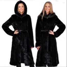 Women's Fur Coat Winter Mink Long Hooded Warm Windbreaker