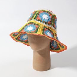 Berets Foldable Straw Hat Stylish Floral Crochet Sun Anti-uv Protection Wide Brim Bucket For Women Summer