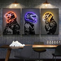 Canvas Painting Neon Light Fashion Effect Motorcycle Helmet Poster Print Graffiti Art Wall Picture for Bar Boys Bedroom Home Decor No Frame Wo6