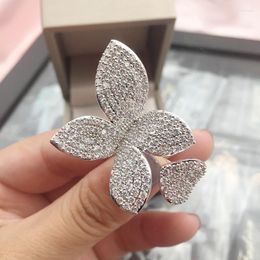 Cluster Rings Luxury 925 Sterling Silver Flower Leaf Full Diamond Sets Open Finger Ring Girl Women Christmas Gift Cute Jewellery