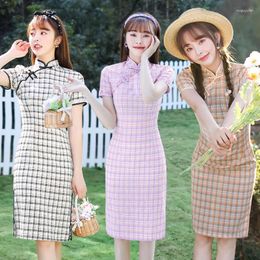 Ethnic Clothing Mid-length Literary Plaid Daily Cheongsam Improved Fresh Girl Style Slim Chinese Dress Qipao Est Stuff