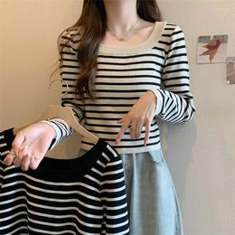 Women's Sweaters Oversized Striped Knitwear 2023 Autumn Square Collar Full Sleeve Pullovers Simple Slim Women T-shirts Casual Female Blouse