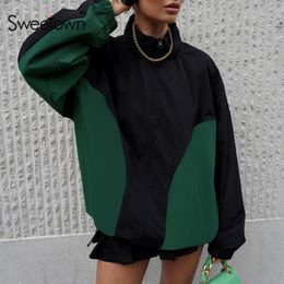 Women's Jackets Sweetown Zip Up Stand Collar Oversized Coats Contrast Patchwork Long Sleeve Casual Street Korean Outwears 230821