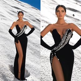 Elegant Diamonds Evening Dresses Sexy Strapless V Neck Mermaid Prom Formal Dress Remove High Side Spilt Party Gown