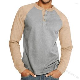 Men's T Shirts Casual Fashion Long Sleeve Button O Neck Color Block T-shirt Men Autumn Shirt Top