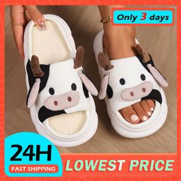 Slippers Frog Cow Shoes For Women Summer Cute Linen Indoor Non-Slip Thick Cartoon Sandals Flip Flops Kawaii Clapper House Ladies