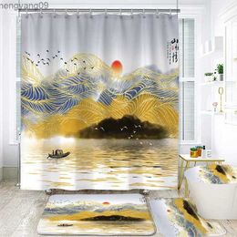 Shower Curtains Landscape Ink Bamboo Painting Shower Curtains Chinese Style Bathroom Accessories Partition Waterproof Bath Curtains Rugs Mat Set R230821