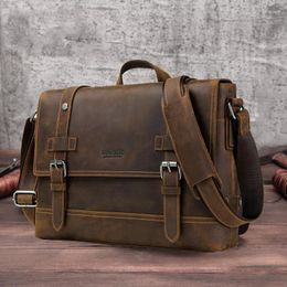 Briefcases Vintage Handmade Crazy Horse Leather Briefcase Messenger Shoulder Satchel Retro Style Business Bags A4 Bag