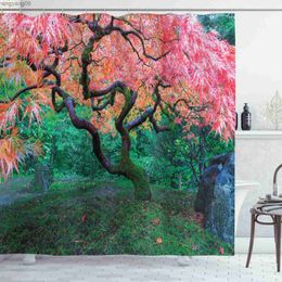 Shower Curtains Spring Pink Cherry Blossoms Burgundy Flower Fabric Shower Curtain Leaves Tree Branch Cherry Floral Bathroom Decor Set Waterproof R230821