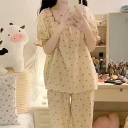 Women's Sleepwear Short Sleeve Trousers Pajamas Set Women Home Suit Ruffles Embroidery Pullovers Pants Female Pijamas Summer Cotton S066