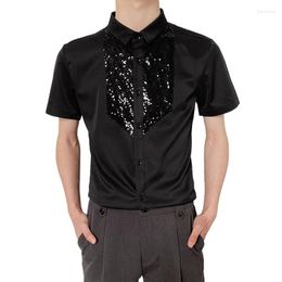 Men's Casual Shirts Black Sequin Patchwork Slim Fit Short Sleeve Men Dress Costume Summer Vintage Button Up Camisas Y Blusas Hombre Plus