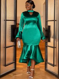 Casual Dresses Women Green Satin V Neck Cut Out Long Flare Sleeve Bodycon Irregular Ruffles Mermaid Evening Cocktail Party Gown 2023