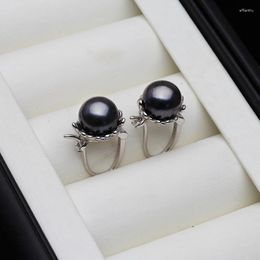 Backs Earrings Real Black Pearl Clip For Women Natural Tahitain 925 Silver Round Earring Wedding