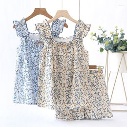 Women's Sleepwear Sweet And Lovely Suspender Girl Pyjamas Summer Cotton Gauze Garden Floral Short Sleeve Shorts Home Suit Square Collar