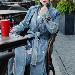 Women's Trench Coats 2023 Spring Fall Women Bleached Sash Cool Casual Long Denim Coat Woman Clothing Vintage Autumn