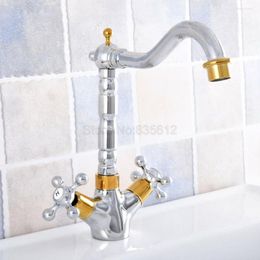 Kitchen Faucets Polished Chrome & Gold Color Brass Bathroom Basin Sink Faucet Mixer Tap Swivel Spout Single Handle One Hole Deck Mounted