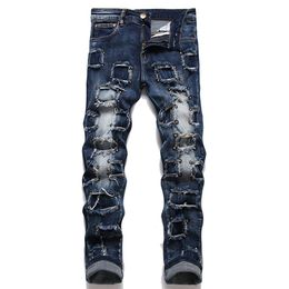 Dark Blue Rivet Hole Men's Jeans Fashion Slim Stretch Hole Patch Small Straight Denim Pants Spring Autumn Punk Style Streetwe290Y