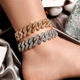 20mm Prong Cuban Anklets Iced Out 2 Row Crystal Rhinestones Link Anklet Bracelet for Women Men Punk TOPhop Barefoot Jewely 230719