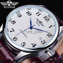 Other wearable devices Winner Retro Classic Design Calendar Brown Belt Blue Hands Men's Fashion Automatic Mechanical Watches Top Brand Luxury Relogios x0821