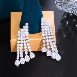 Dangle Earrings CWWZircons Long Dangly Water Droplets Tassel Cubic Zirconia Bling White Wedding Bridal Party For Women Jewellery CZ550