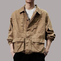 Mens Jackets American Street Loose Work Jacket Spring Autumn Ruffled Collar Washed Cotton Multipocket Functional Outdoor Cargo 230818