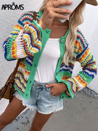 Women's Knits Tees Aproms Elegant Rainbow Coloured Long Sleeve Knit Cardigan Women Autumn Hollow Out Oversized Sweater Female Fashion Outerwear 230818