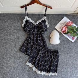 Women's Sleepwear 2 Pcs Sets Tops Shorts Spotted Sexy Lace Satin Sleeveless V-neck Pyjama With Pads