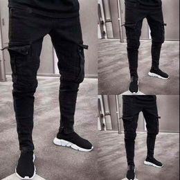 Mens Jeans Fashion Black Jean Men Denim Skinny Biker Jeans Destroyed Frayed Slim Fit Pocket Cargo Pencil Pants Plus Size S-3XL241i