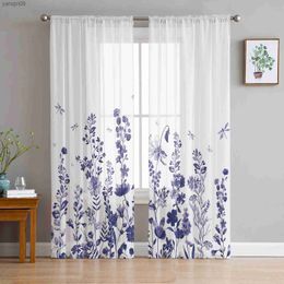 Curtain Flower Leaf Dragonfly Bedroom Transparent Sheer Curtains Holiday Decoration Window Voile Tulle Curtain HKD230821