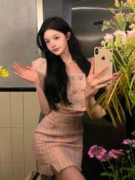 Two Piece Dress Tweed Skirt Set Ladies Korean Girl Celebrity Small Fragrance Suit Women's Summer Cover Belly Two Piece Set Korean Summer 230818