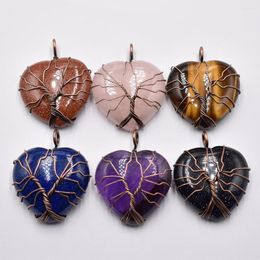 Pendant Necklaces Wholesale 6pcs/lot Fashion Handmade Antique Copper Wire Wrap Tree Of Life Heart Shape Natural Stone Amethyst Pendants