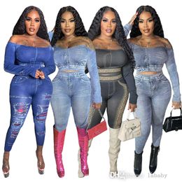 2023 New Autumn Denim Two Piece Set Women HighStreet Tracksuits Fashion Printing Slash Neck Long Sleeve Jeans Top And High Waist Tights Pants 2pcs Suit Clothes