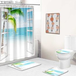 Shower Curtains Seaside Beach Shower Curtain Tropical Landscape Window Ocean Natural Scenery Fabric Bathroom ath Mat Rugs Sets Decor R230821